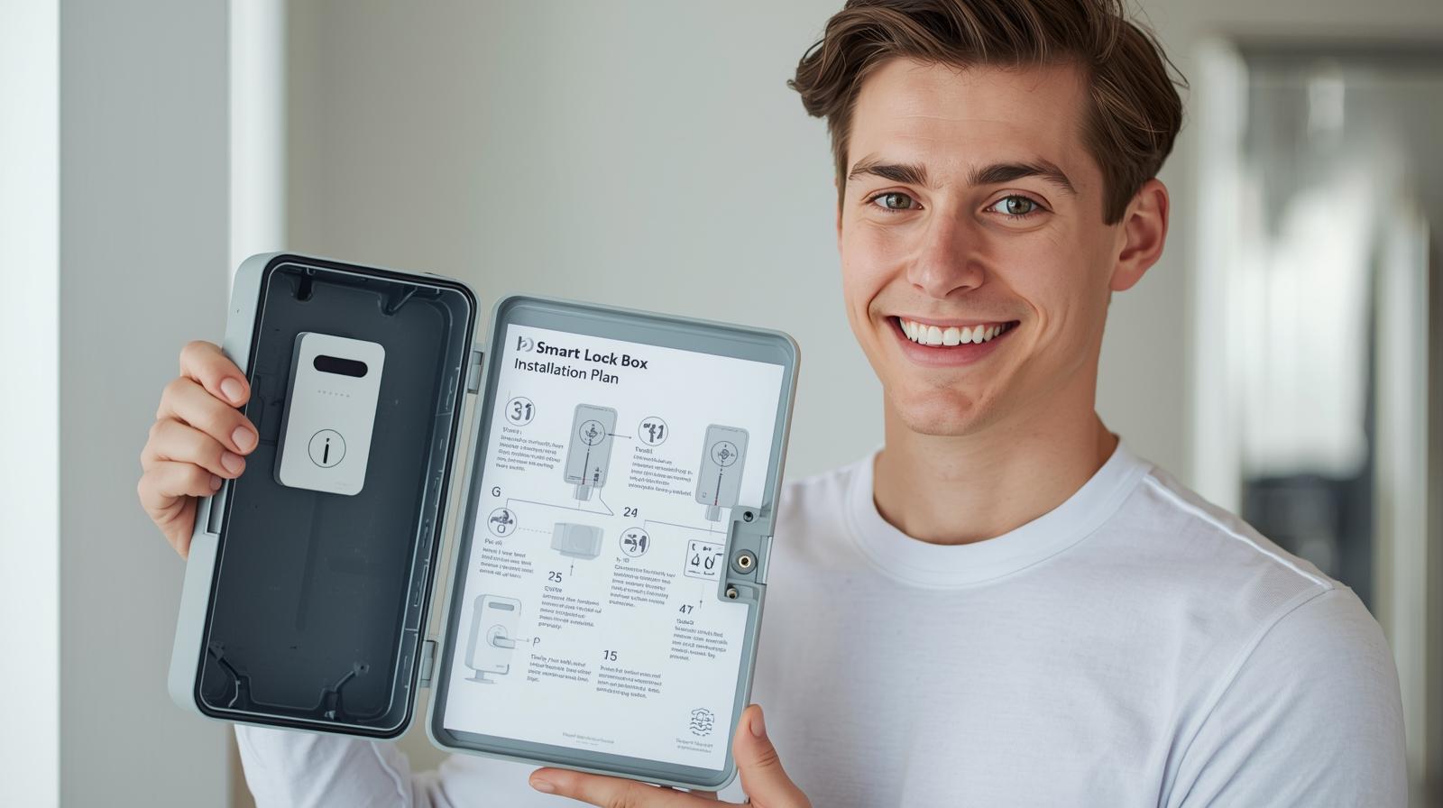 Alex holding a smart lock box showing a no-drill install plan