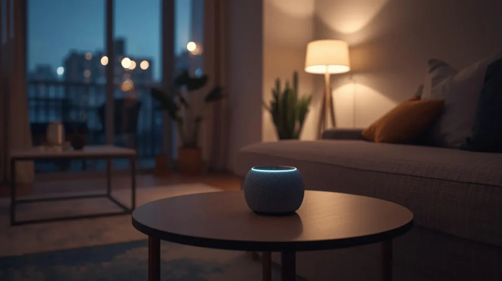 Smart speaker placed on a side table in an open living room with the light ring glowing.