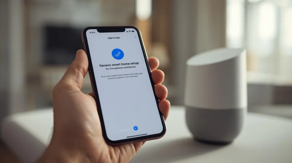Smartphone showing a smart home app sign-in and microphone permission prompt beside a smart speaker.