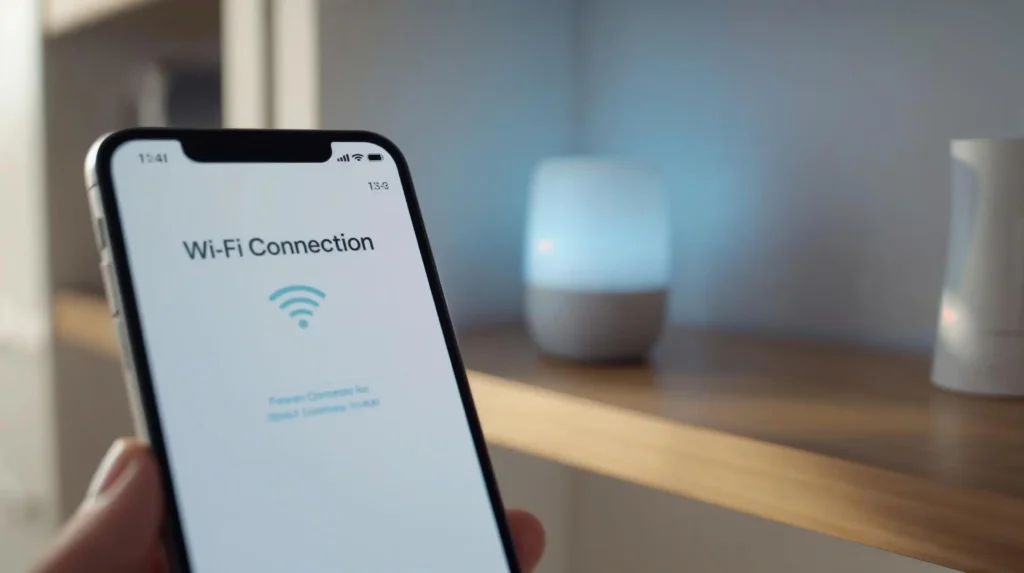 Smart home app on a smartphone showing Wi-Fi setup for a smart speaker in a modern apartment.