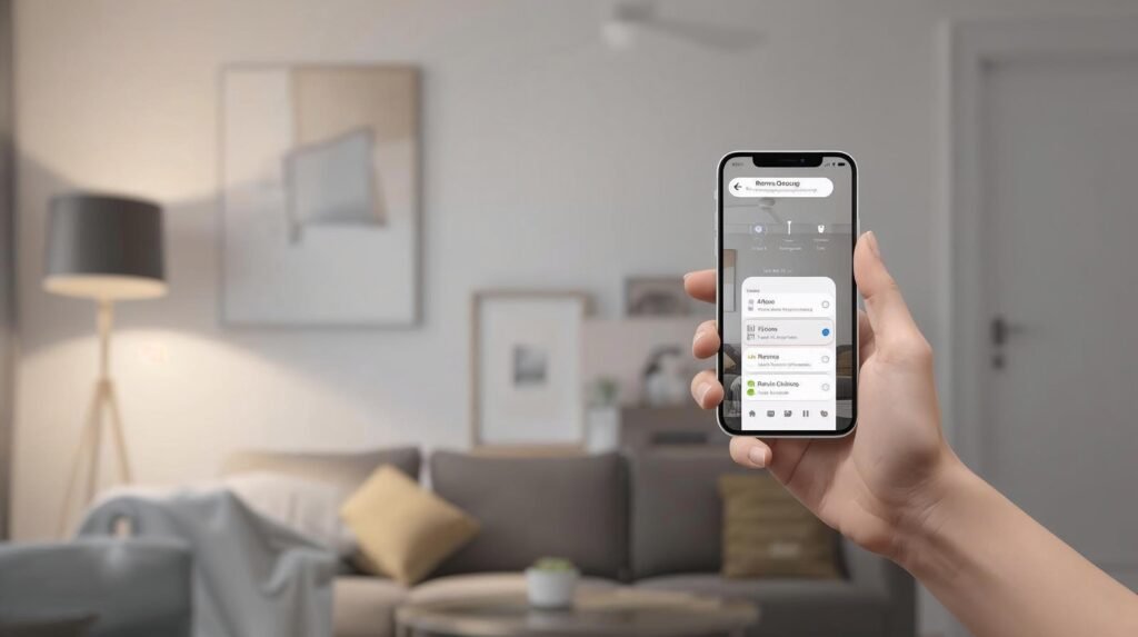 Smart home app showing room grouping for lights and plugs in a living room.