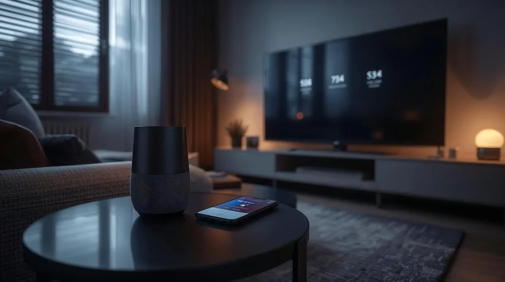 Smart speaker and smartphone in a living room set up for a movie time voice shortcut.