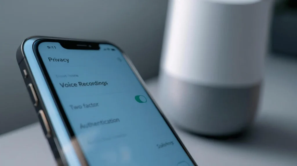Smart speaker and smartphone in a living room set up for a movie time voice shortcut.
