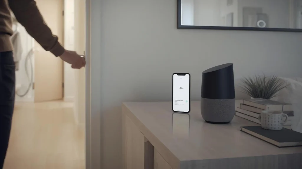 Person leaving an apartment while testing a smart home routine on a smartphone.