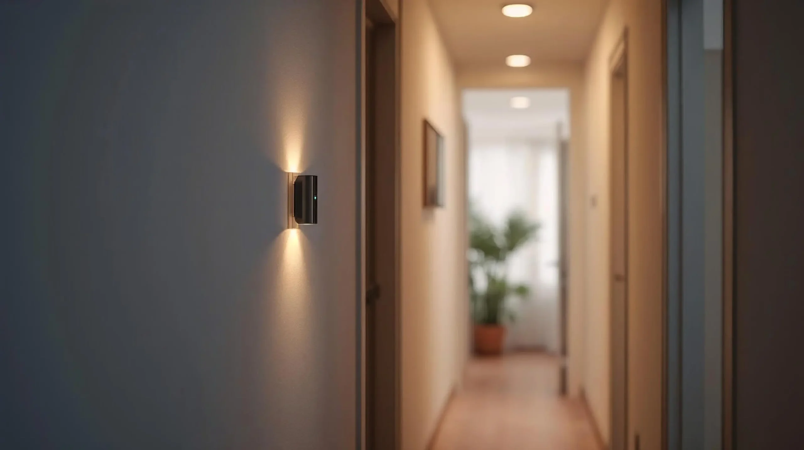Modern hallway with a motion sensor triggering automatic lighting in a smart home.
