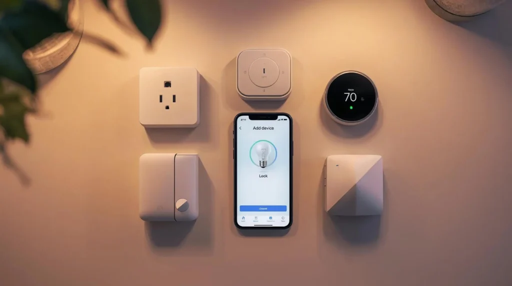 Smart devices arranged on a table while a phone shows an add-device screen for home automation setup.