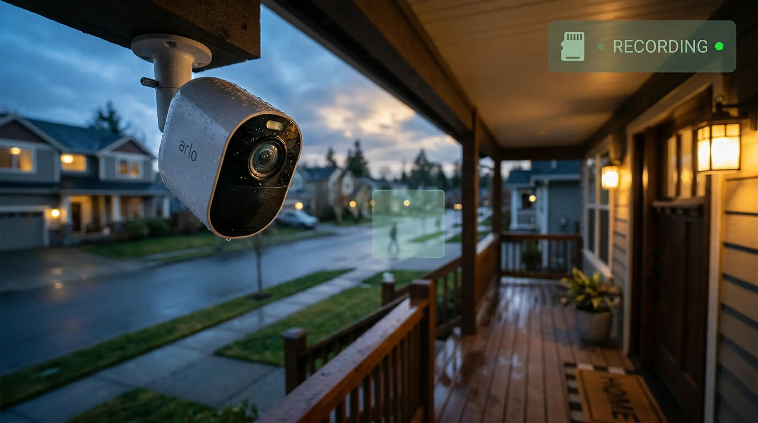 Modern outdoor security camera mounted above a suburban porch at dusk with motion-tracking overlay and microSD icon (featured image for best security cameras 2026).
