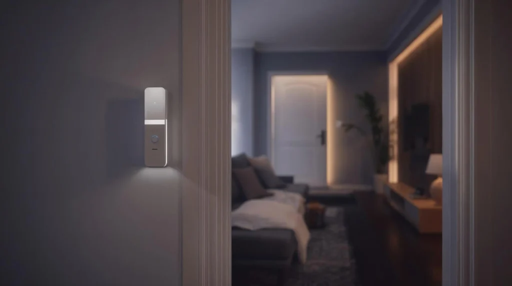 Motion sensor triggering smart lighting in a modern living room hallway.