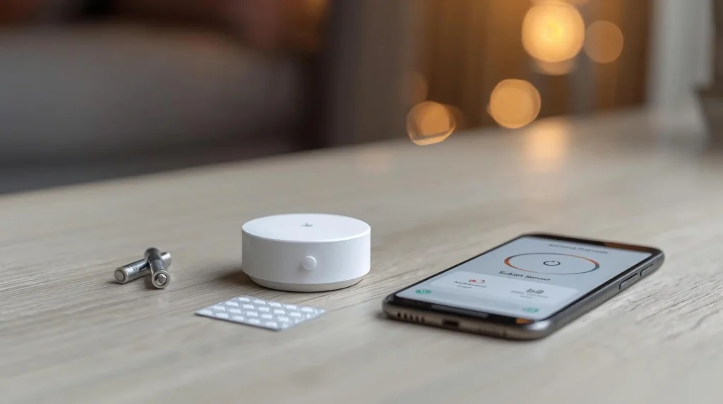 Battery-powered motion sensor with mounting accessories and a smartphone setup screen.