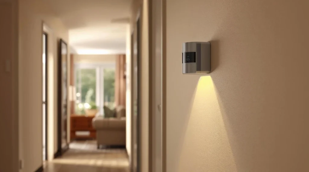 Motion sensor mounted at the correct height and angle for hallway placement.