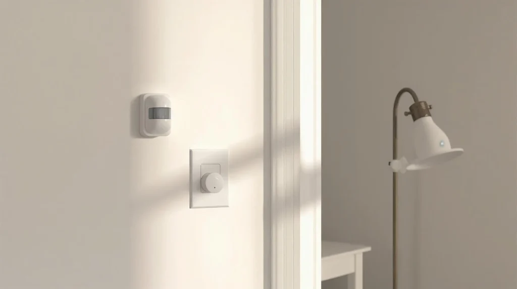 Affordable motion sensor mounted in a hallway for budget smart-home automation.