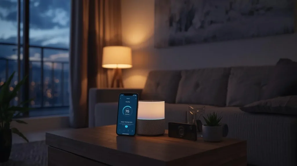 Renter-friendly smart home setup with a smart speaker, phone, lamp, plug, and thermostat in a modern living room