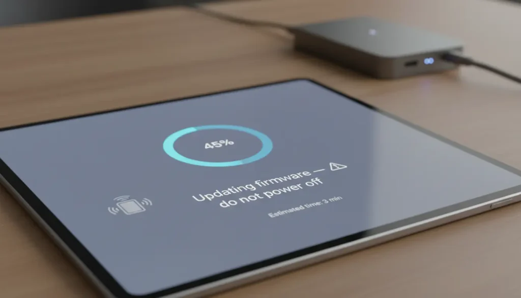 Tablet screen displaying a firmware update progress bar while the hub waits in the background.