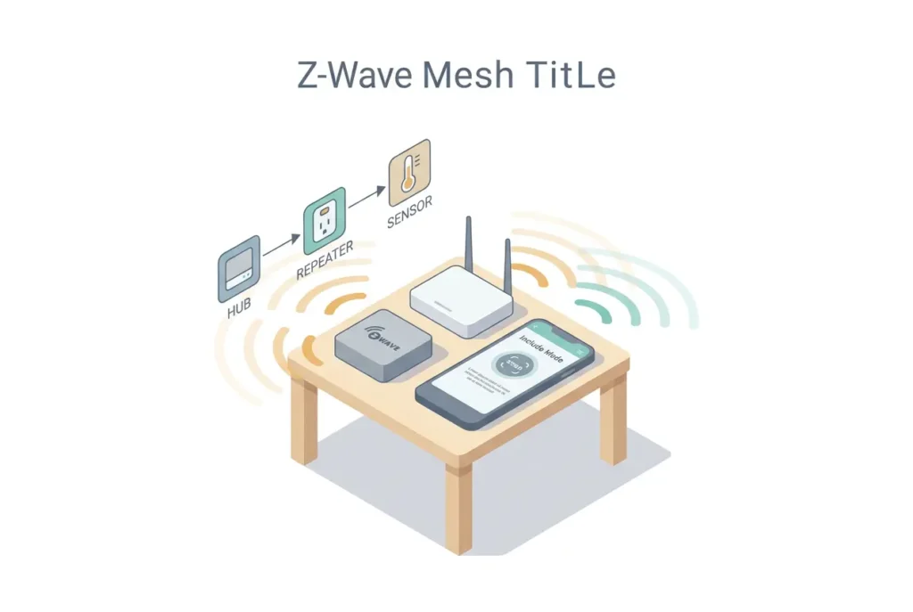 Isometric illustration of a Z-Wave hub and router on a table with a smartphone showing "Include Mode" and wireless signal icons.