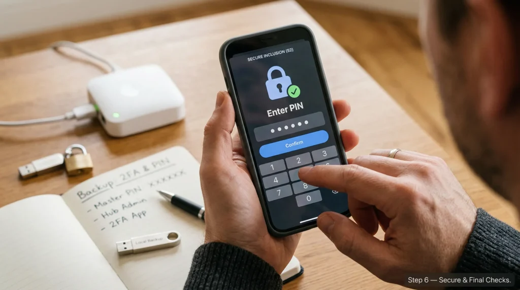 Smartphone showing hub security screen for S2 PIN entry with hub and backup USB drive on the table.