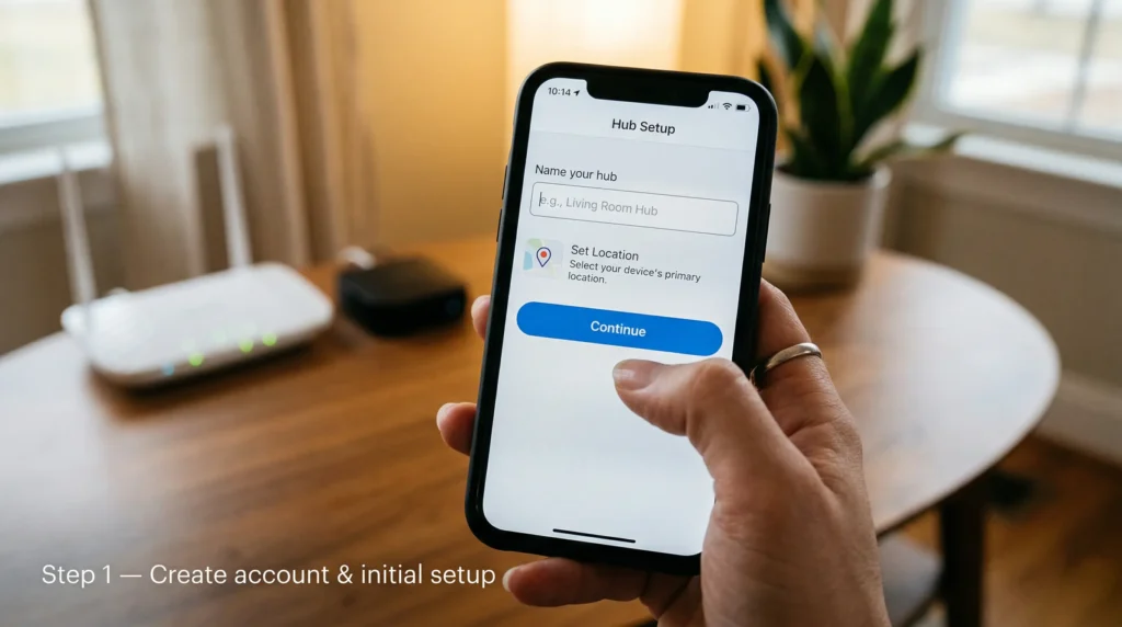 Smartphone showing a hub setup wizard screen during initial setup.