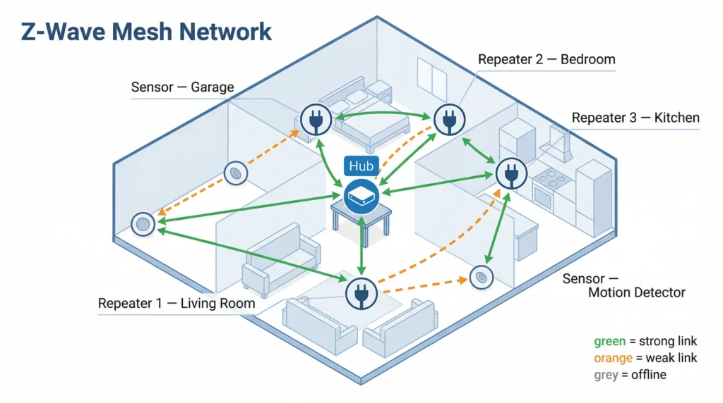 Isometric diagram of a Z-Wave mesh network showing hub, repeaters, sensors, and link strength.