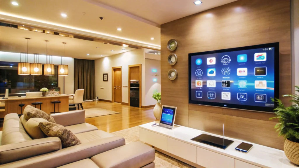 Modern living room with smart home technology