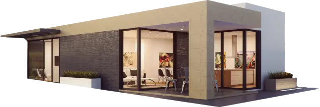 A modern smart home featuring a patio with a stylish table, surrounded by greenery and contemporary design elements.