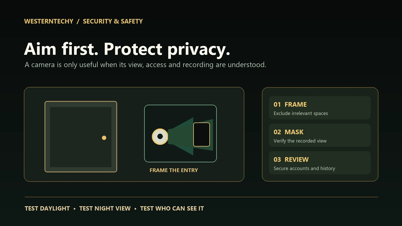 Illustrated security camera aimed at an entry, with an excluded privacy area and three planning steps: frame, mask, review.