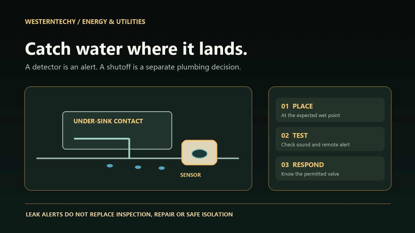 WesternTechy diagram of a floor leak sensor beneath a sink with place, test, respond steps.