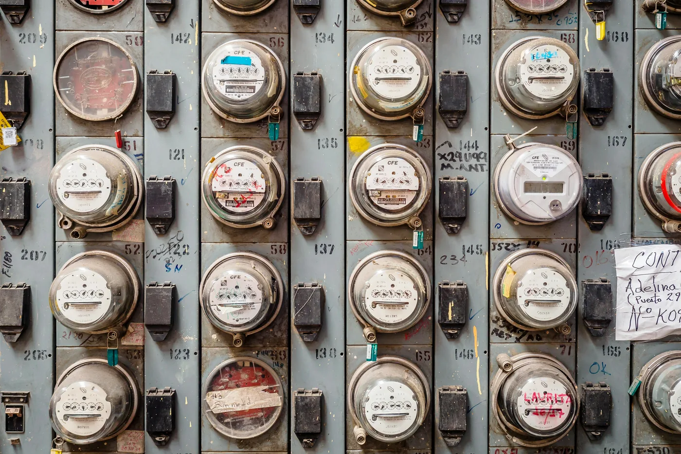 An exterior household electricity meter mounted on a wall