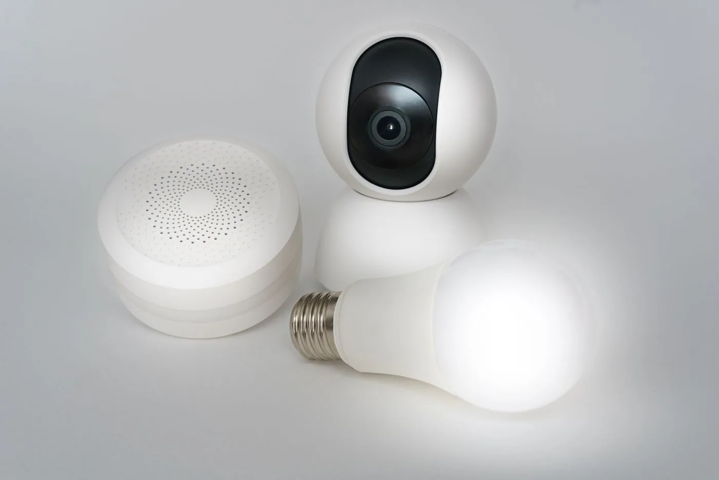 An assortment of smart-home devices illustrating a mixed-device setup; exact models and compatibility must be verified separately