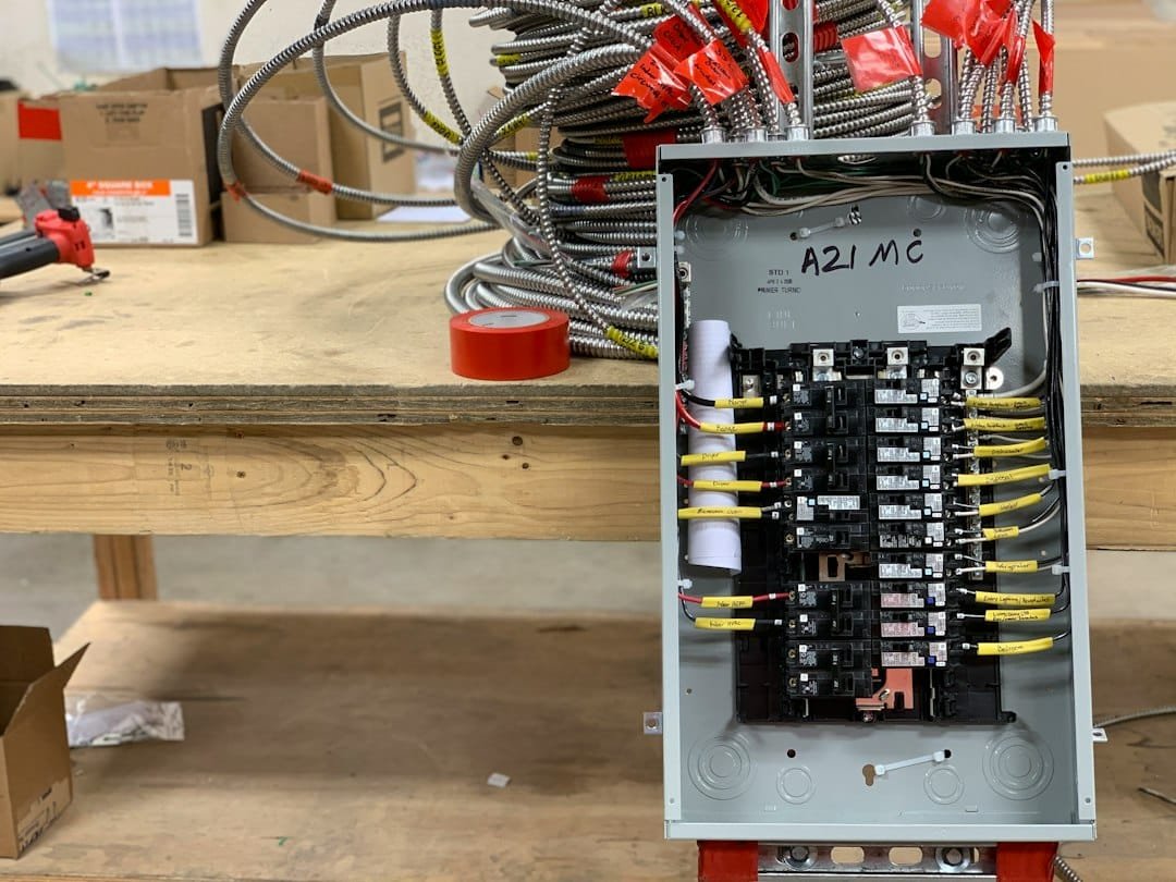Electrical panel with breakers and wiring, illustrating smart-panel load management and circuit control