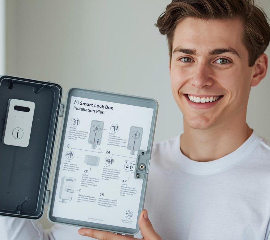 Alex holding a smart lock box showing a no-drill install plan